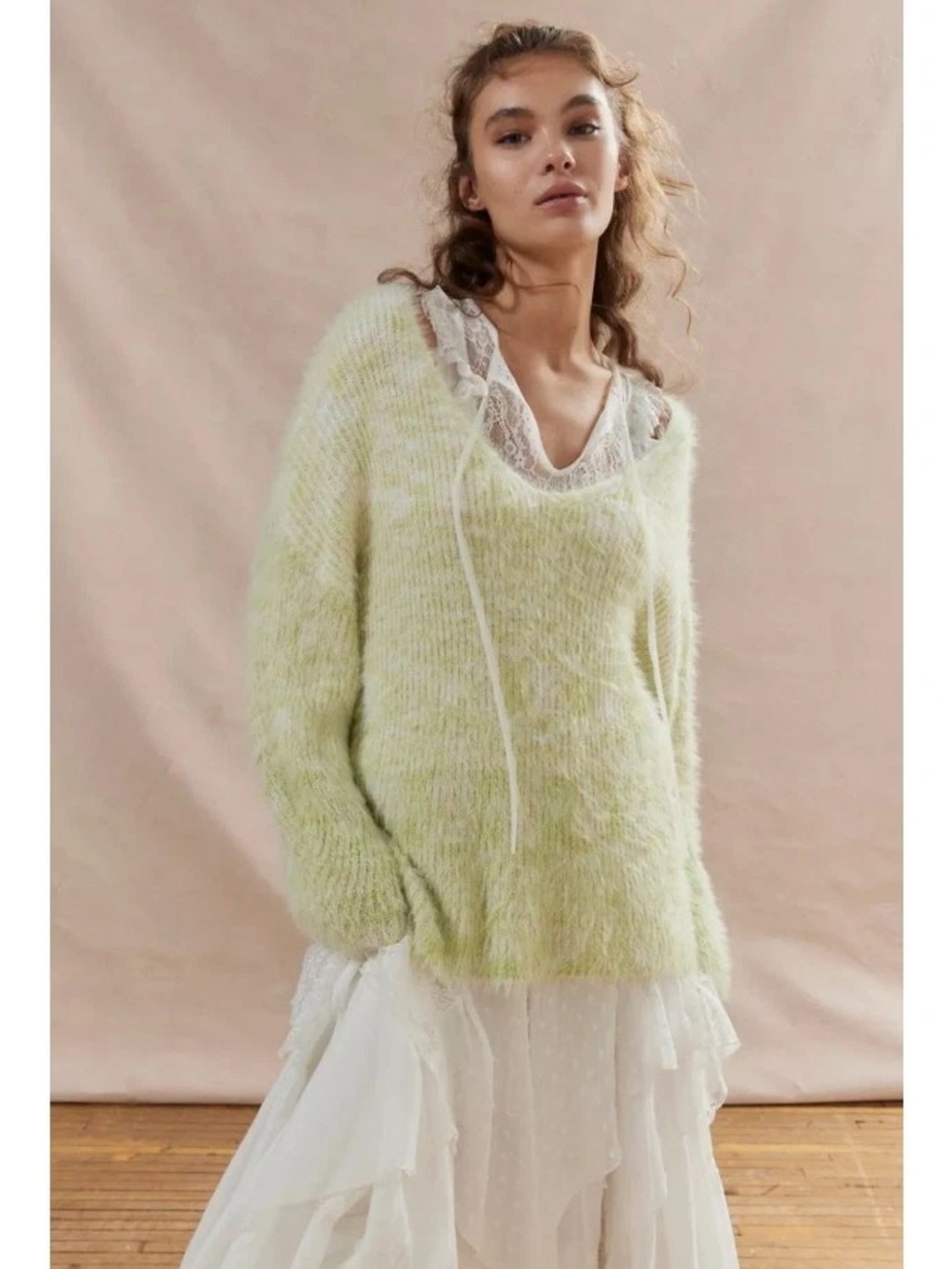 Kimchi Blue Pale Green Fuzzy V-Neck Sweater